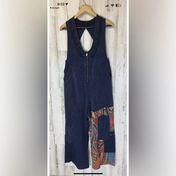 Free People Patchwork Boho Nylon Blend Wide Leg Jumpsuit Sz S open back - Picture 1 of 16